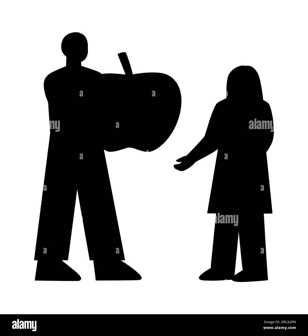 Silhouette noire d'un fruit inhabituel présent, un homme donnant une pomme de grande taille à une femme, Sweet Present, Tasty Gift, illustration vectorielle isolée Illustration de Vecteur