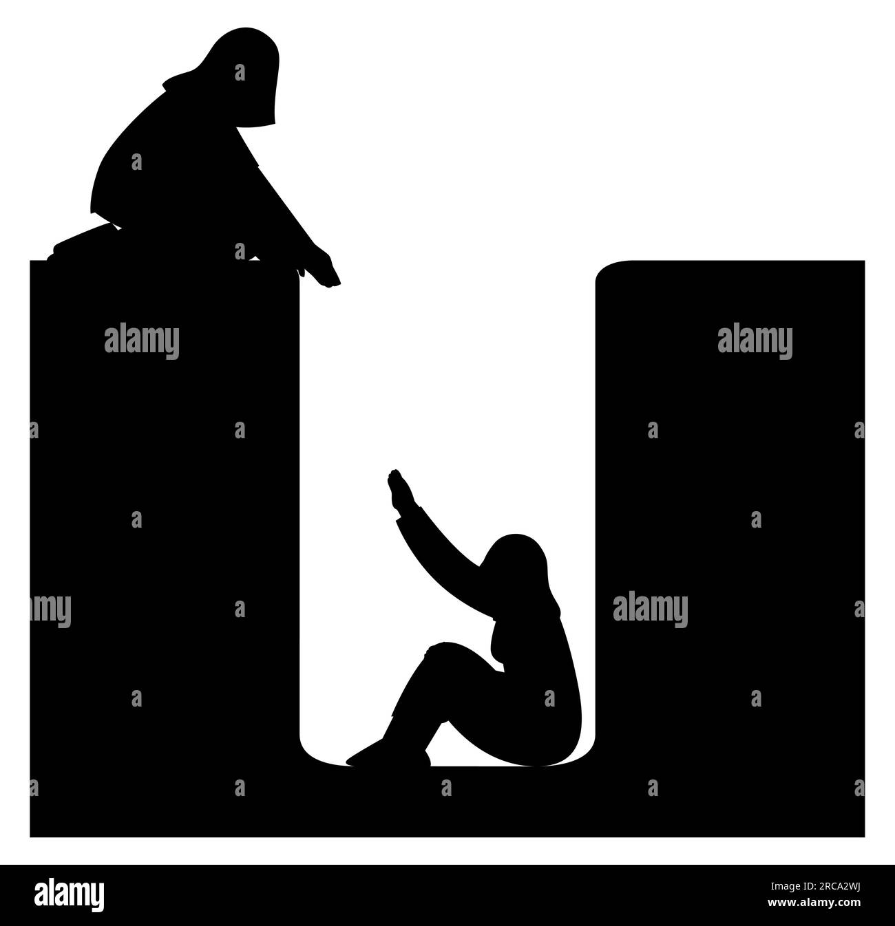 Silhouette noire de deux femmes qui s'entraident, étapes pour faire une amitié saine, illustration vectorielle isolée sur fond blanc Illustration de Vecteur