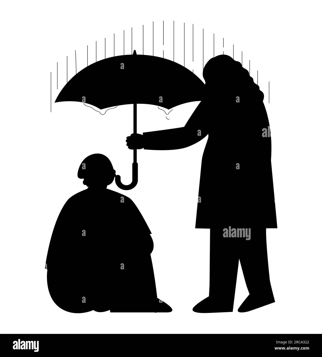 Silhouette noire d'une femme donnant un parapluie à une autre personne un jour de pluie, les gens s'aidant mutuellement de se mouiller, gentillesse, illustration vectorielle Illustration de Vecteur