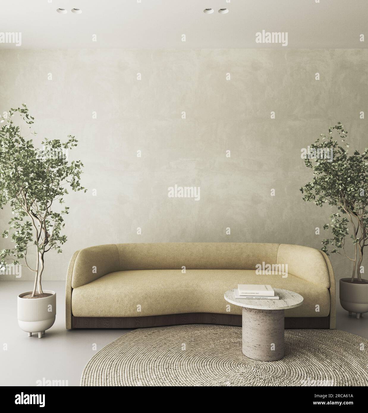 Salon intérieur conceptuel avec mur beige en stuc. Canapé jaune de composition créative avec table en pierre de couleur pastel. Maquette arrière-plan vide. 3d Banque D'Images