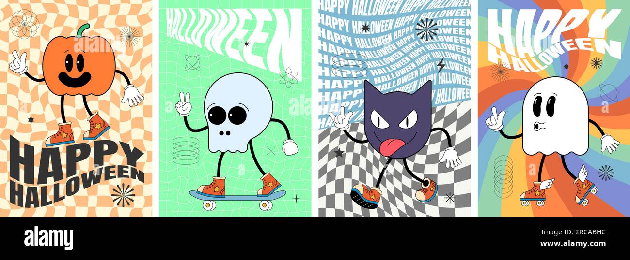 Ensemble d'affiches d'art de fête joyeuse Halloween rétro. Personnages effrayants de vacances de citrouille, crâne, chauve-souris et fantôme sur le pancarte hippy fou. Dépliant abstrait psychédélique de style hippie. Design tendance de la culture pop y2k Illustration de Vecteur
