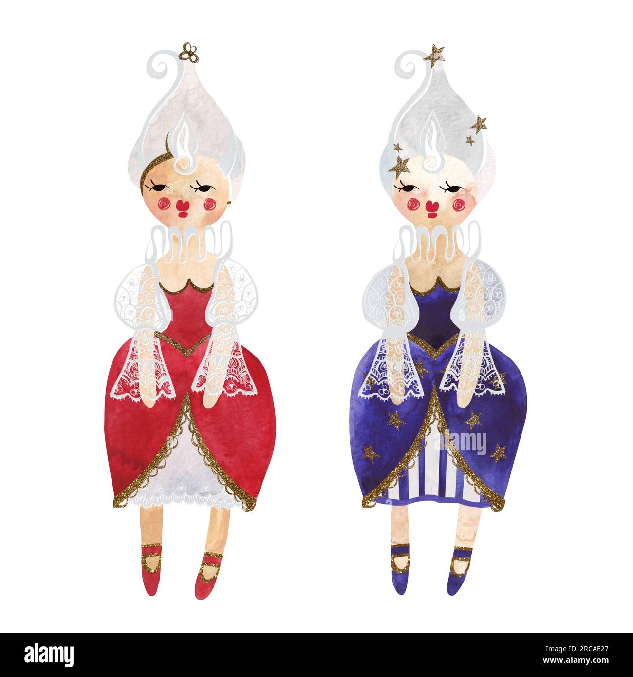 Poupées aquarelles. Jouet pour enfants. Un cadeau de Noël. Illustration isolée. Clipart. Illustration raster pour l'emballage, les cartes de vœux et l'emballage pap Banque D'Images