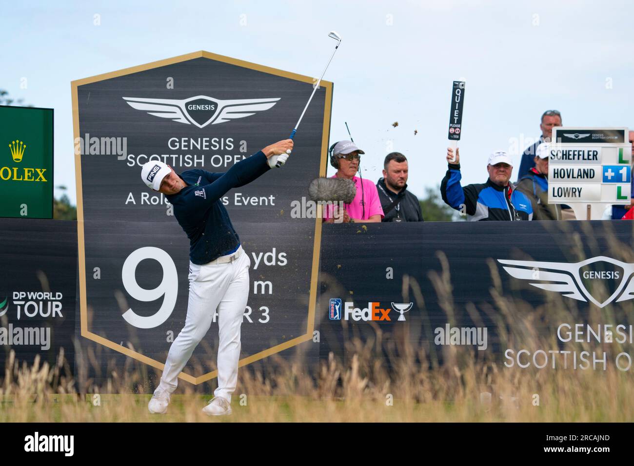 North Berwick, East Lothian, Écosse, Royaume-Uni. 13 juillet 2023. Viktor Hovland s’éloigne au 9e trou du Genesis Scottish Open au Renaissance Club à North Berwick. Iain Masterton/Alamy Live News Banque D'Images