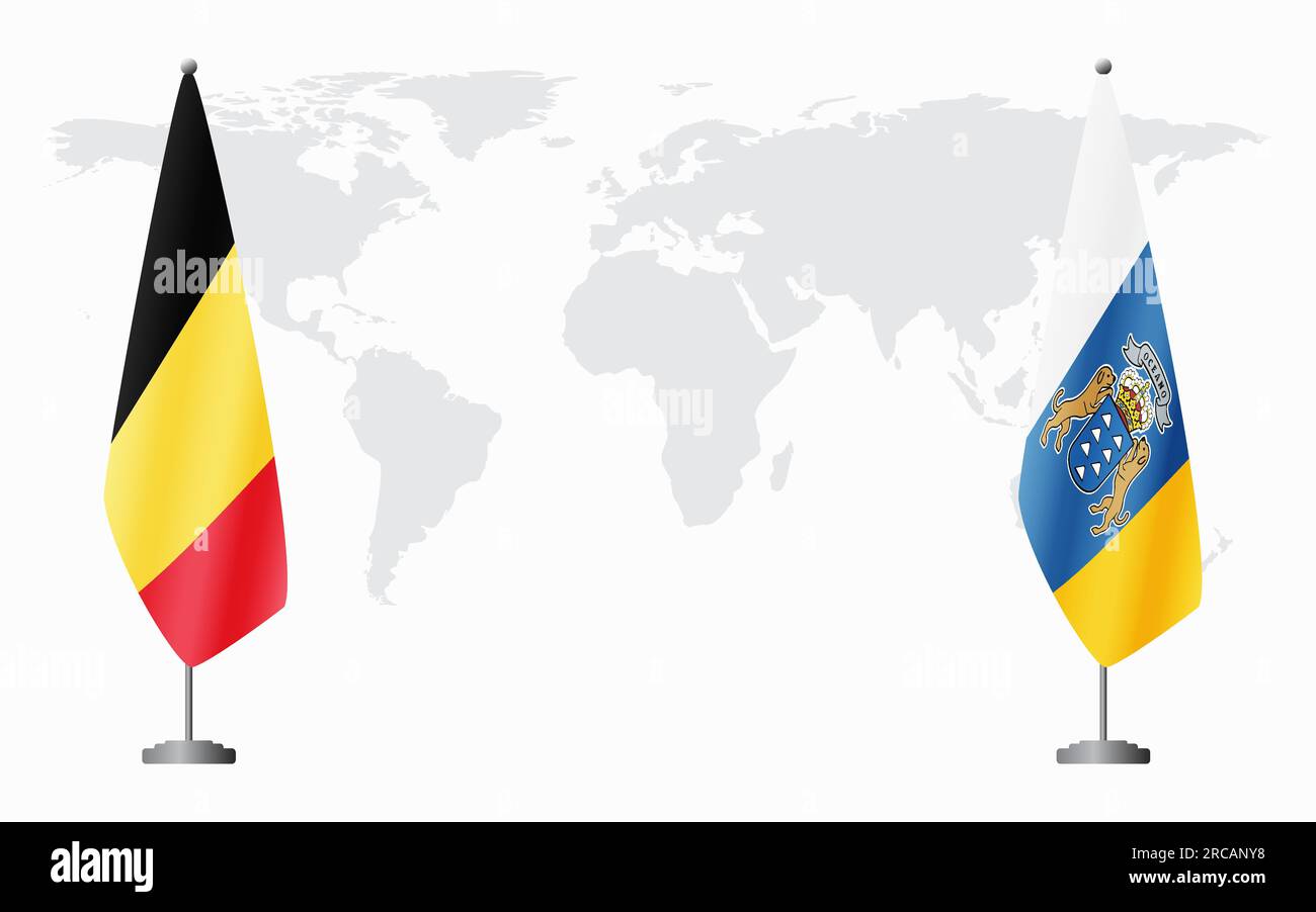 Drapeaux de la Belgique et des îles Canaries pour la réunion officielle sur fond de carte du monde. Illustration de Vecteur