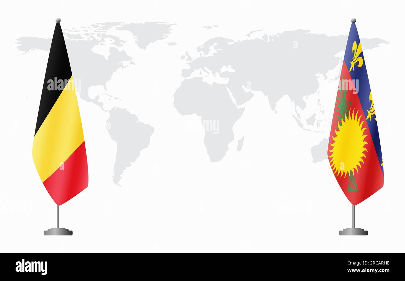 Drapeaux de la Belgique et de la Guadeloupe pour réunion officielle sur fond de carte du monde. Illustration de Vecteur