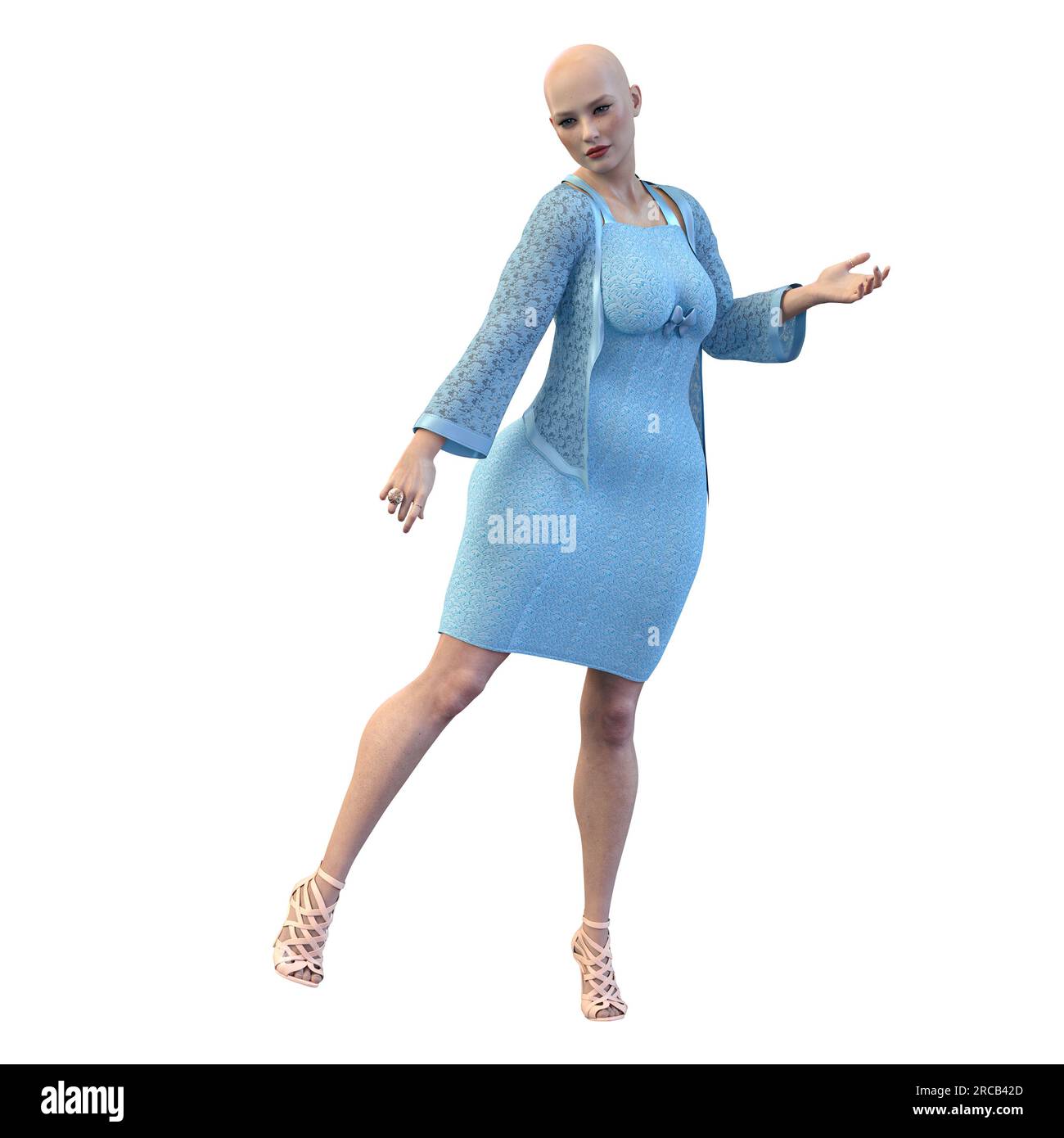 Femme sur fond isolé dans la robe d'été bleue longueur genou avec talons hauts Strappy , rendu 3D, Illustration 3D. Banque D'Images