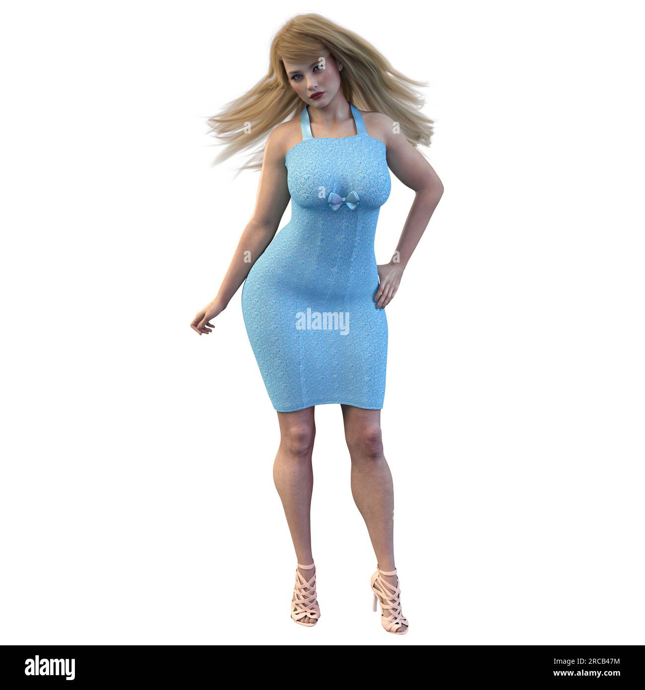 Femme sur fond isolé dans la robe d'été bleue longueur genou avec talons hauts Strappy , rendu 3D, Illustration 3D. Banque D'Images