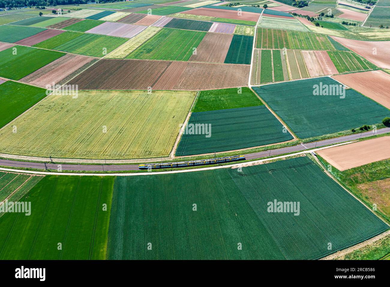 Paysage à la boucle du Neckar, terres agricoles fertiles et champs agricoles avec chemin de fer régional, photo drone, Lauffen am Neckar, Baden-Wuerttemberg Banque D'Images