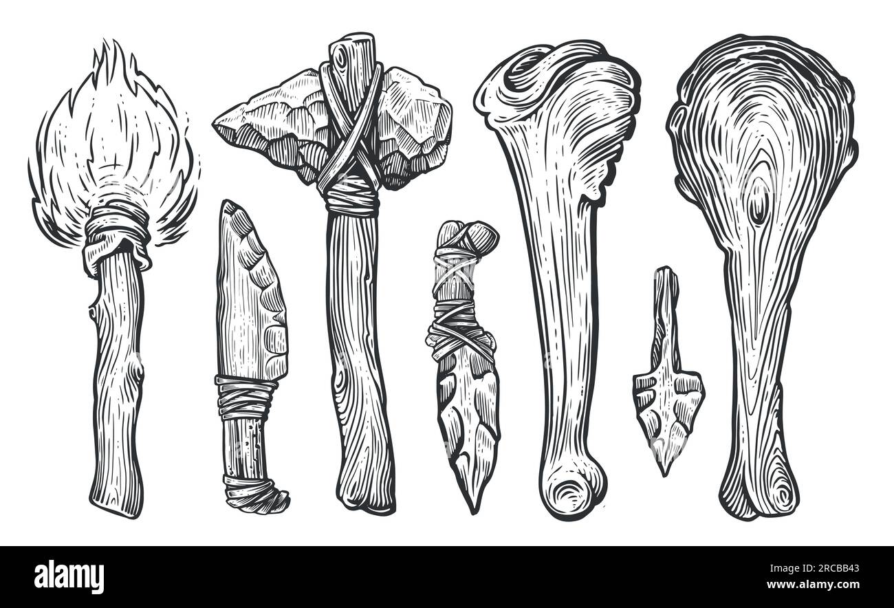 Ensemble d'outils préhistoriques et d'équipements d'un homme des cavernes primitif. Illustration vectorielle d'esquisse Illustration de Vecteur