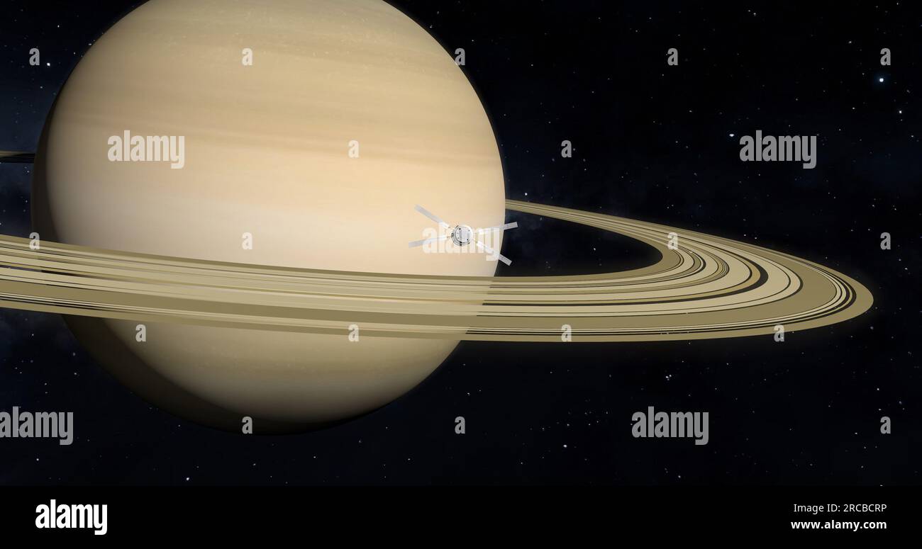 Vaisseau spatial devant la planète Saturne. Exploration spatiale. Banque D'Images