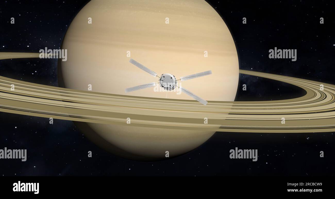 Vaisseau spatial devant la planète Saturne. Exploration spatiale. Banque D'Images