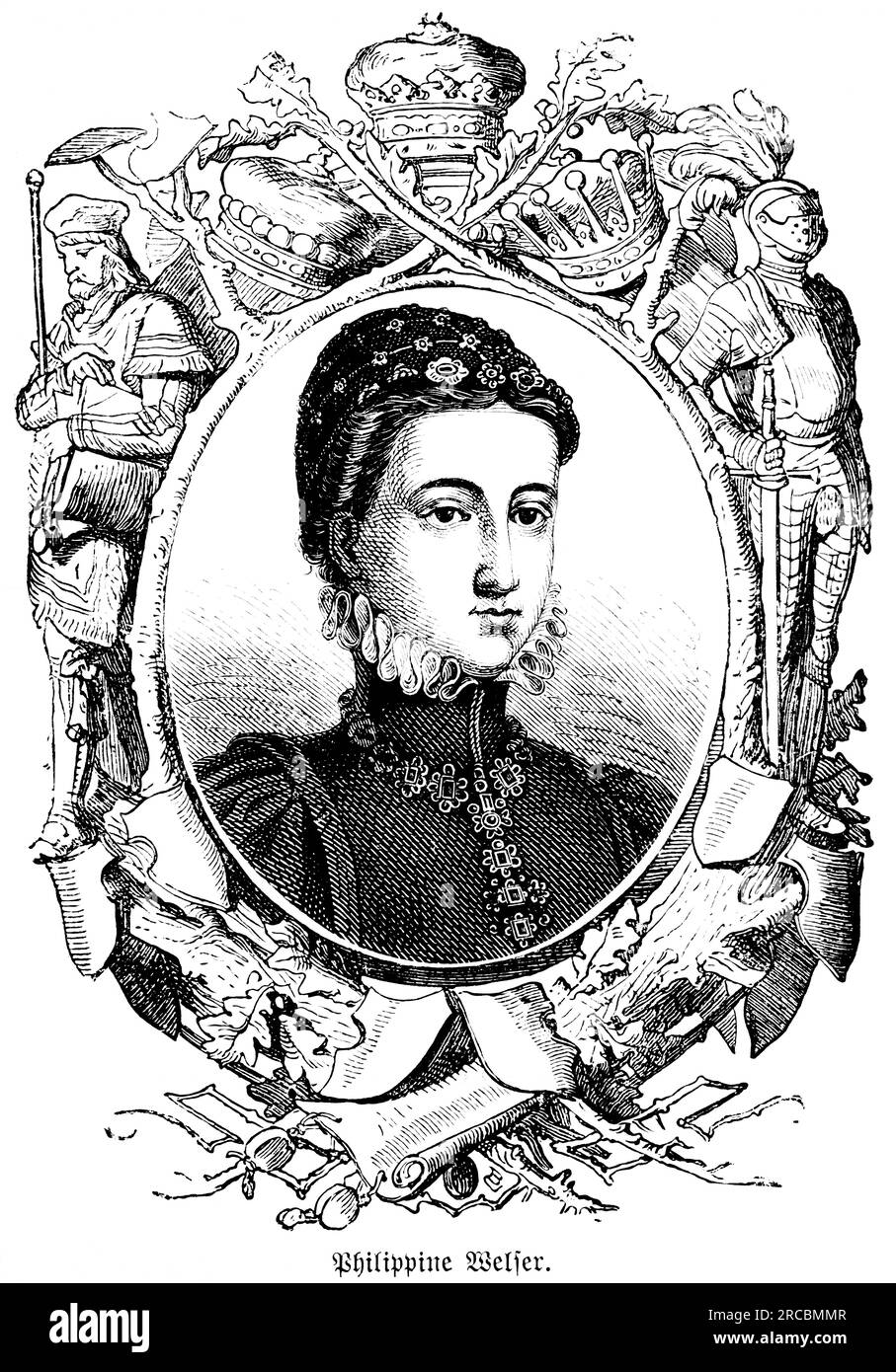Philippine Welser, Allemagne, portrait, latéral, ovale, ornements, couronne impériale, noblesse, robe distinguée, riche, femme influente, 16e siècle Banque D'Images