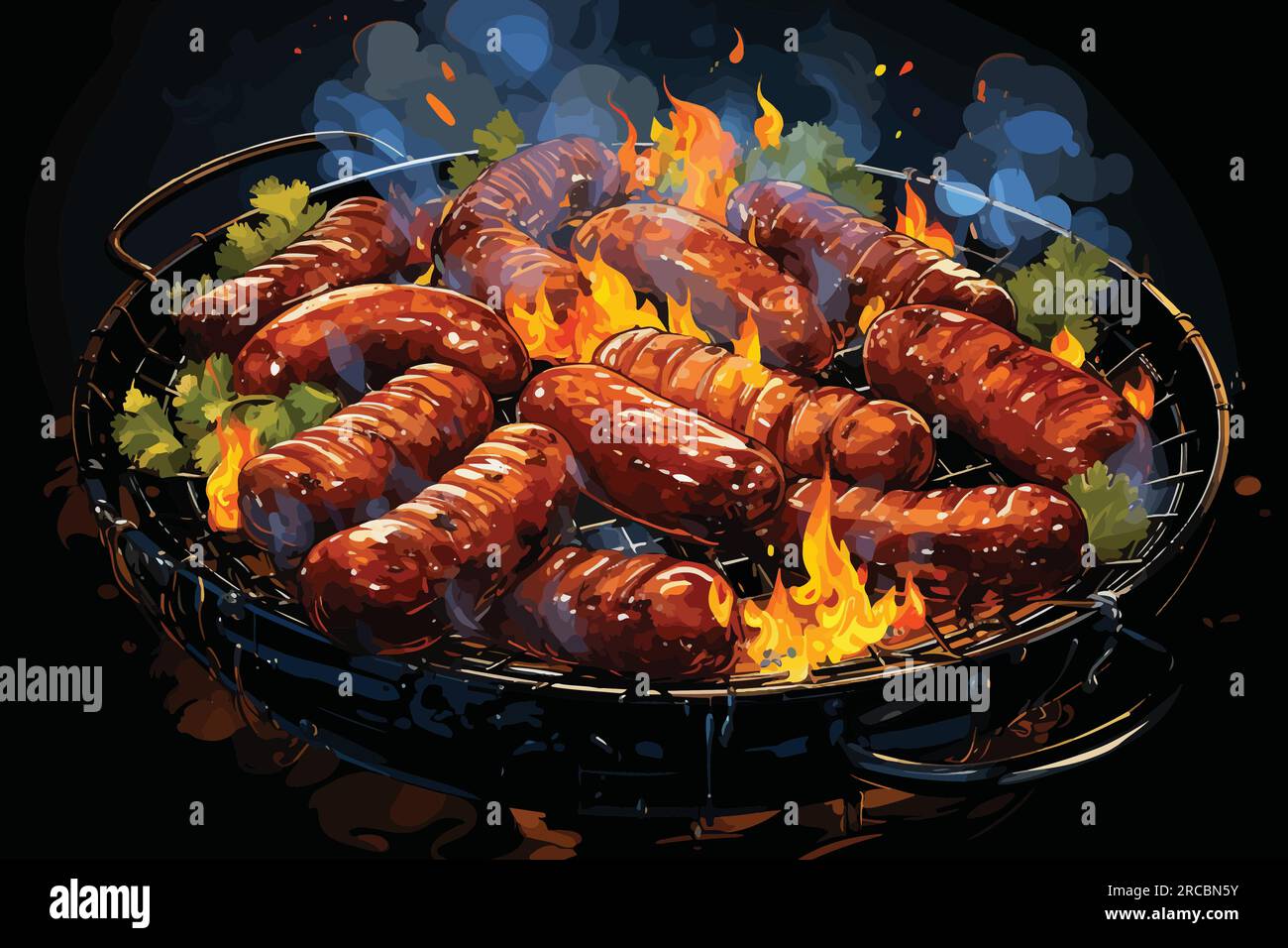 Illustration vectorielle de saucisses assorties grésillant sur un gril de barbecue à une arrière-cour de cuisson Illustration de Vecteur