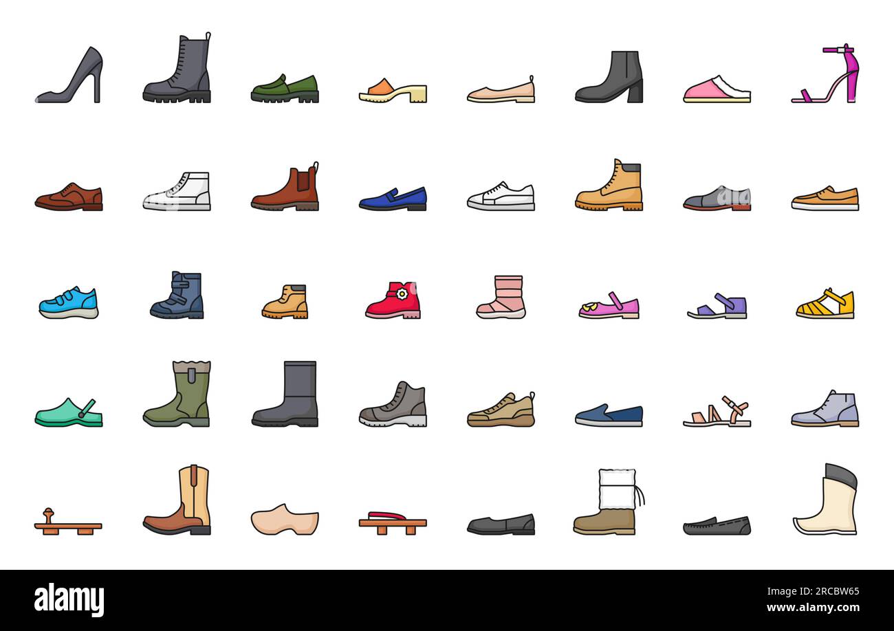 Icônes de la ligne de chaussures, chaussures, sneaker et bottes, pictogrammes vecteur de vêtements de pied de mode. Chaussures icônes de baskets de sport, femmes talons hauts et sandales en cuir, tongs enfant et hommes mocassins ou sabots Illustration de Vecteur