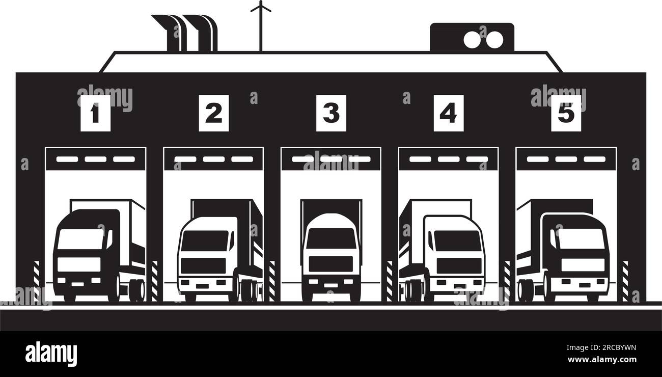 Quais de chargement de camions et de remorques à l'entrepôt Illustration de Vecteur