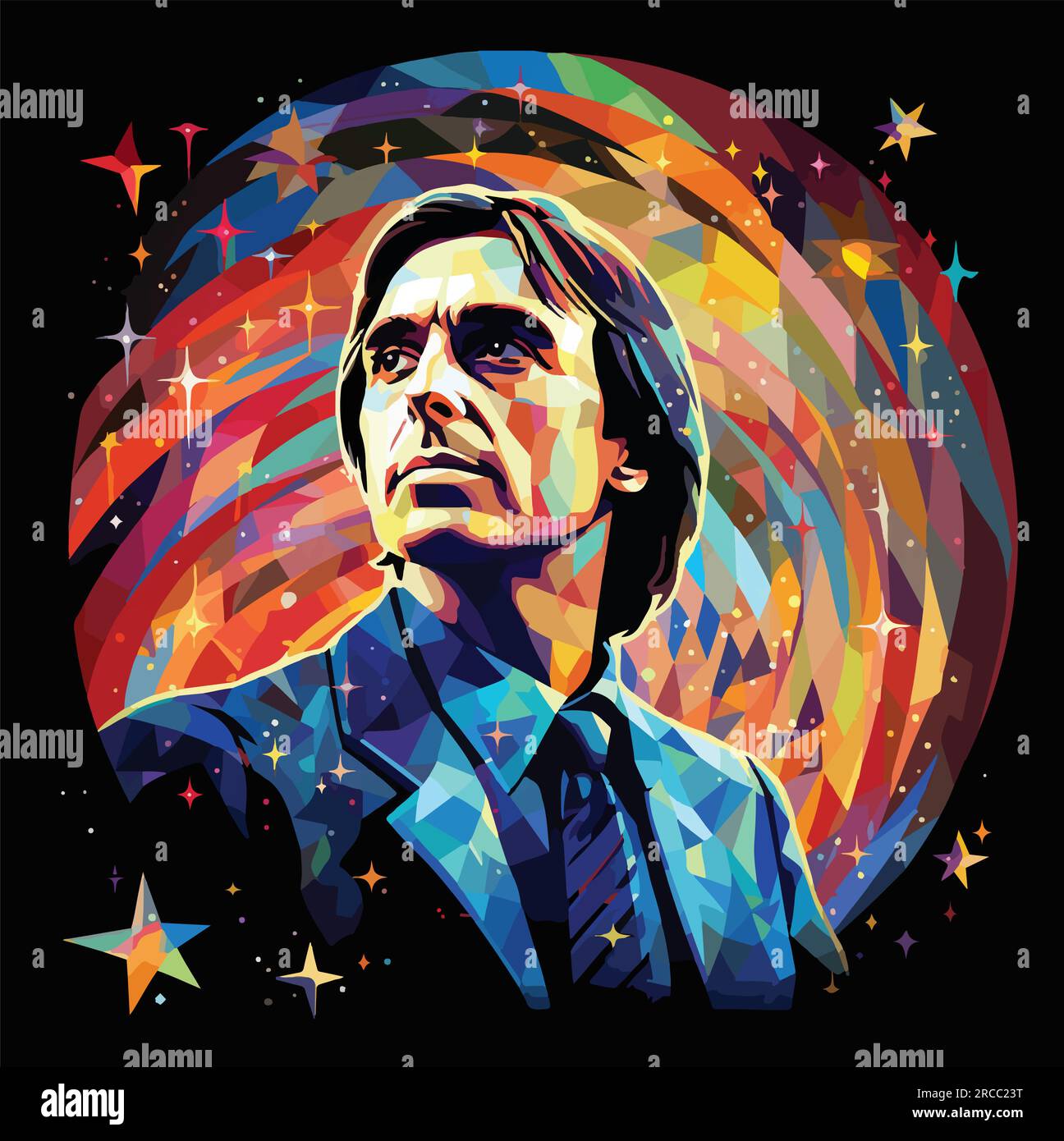 Portrait vectoriel de Carl Sagan (1934-1996) entouré d'étoiles et d'espace, astronome américain Illustration de Vecteur
