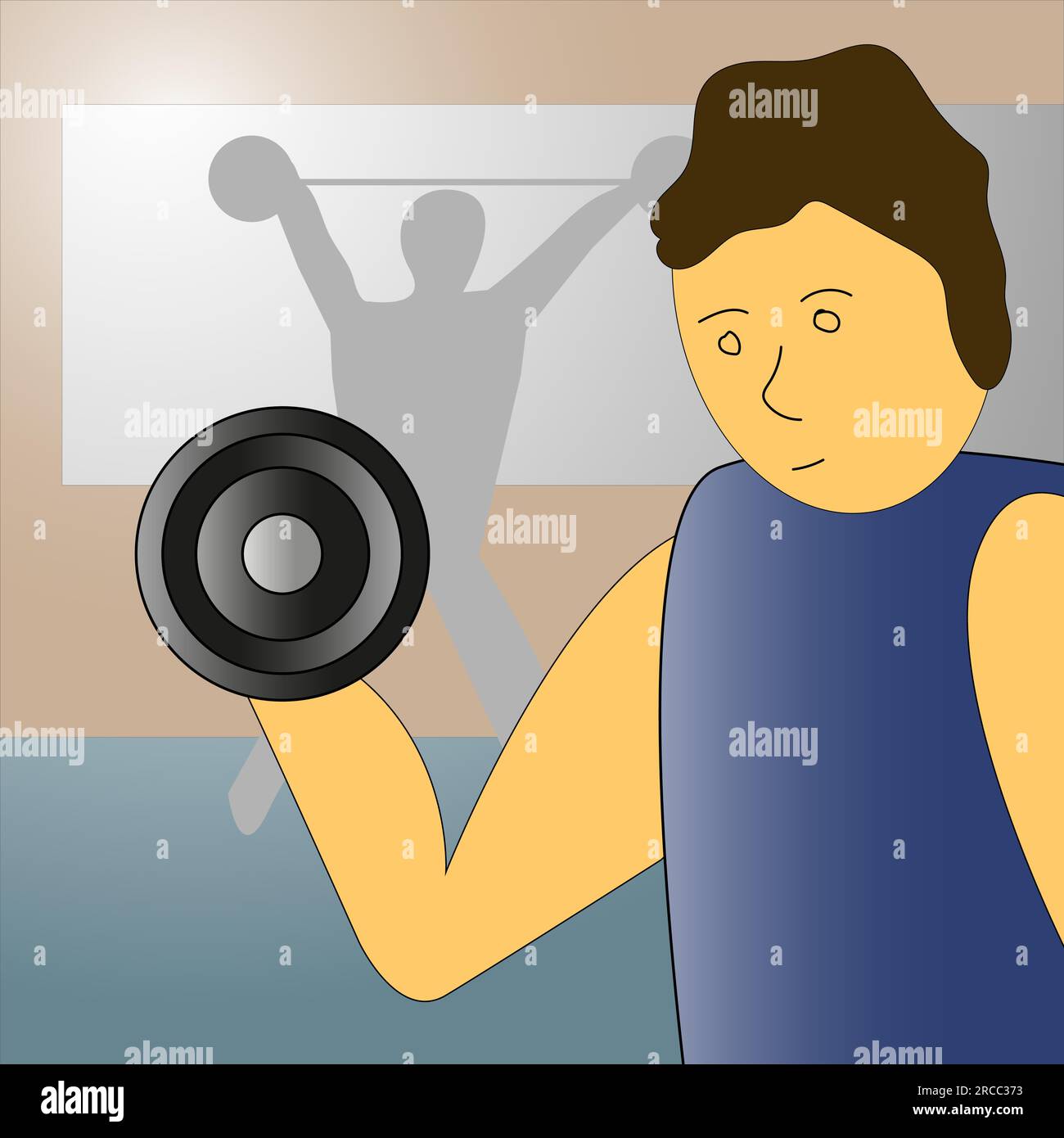 Un homme dans un t-shirt bleu fait des exercices avec des haltères dans la salle de gym, illustration vectorielle/ Illustration de Vecteur