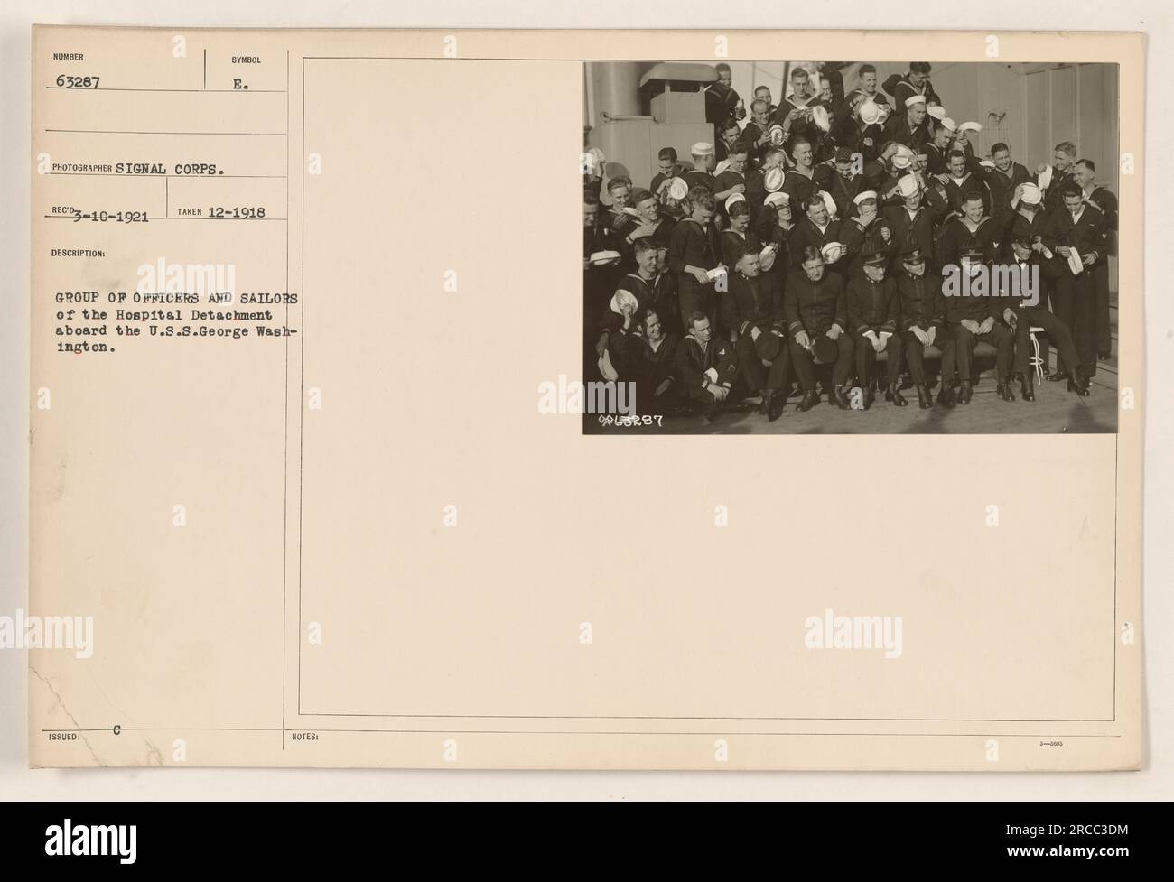 Officiers et marins du détachement hospitalier à bord de l'U.S.S. George Washington. La photographie a été prise en décembre 1918 par un photographe de signal corps. L'image montre un groupe d'individus en uniforme, probablement des membres du personnel médical sur le navire. Le navire lui-même, l'U.S.S. George Washington, a été impliqué dans les activités militaires américaines pendant la première Guerre mondiale Banque D'Images