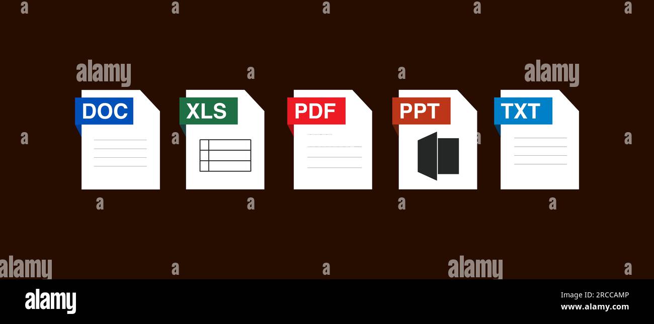 Jeu d'icônes de type de fichier. Format de fichiers populaires et document dans un design de style plat. Format et extension des documents. Ensemble de modèles graphiques Banque D'Images