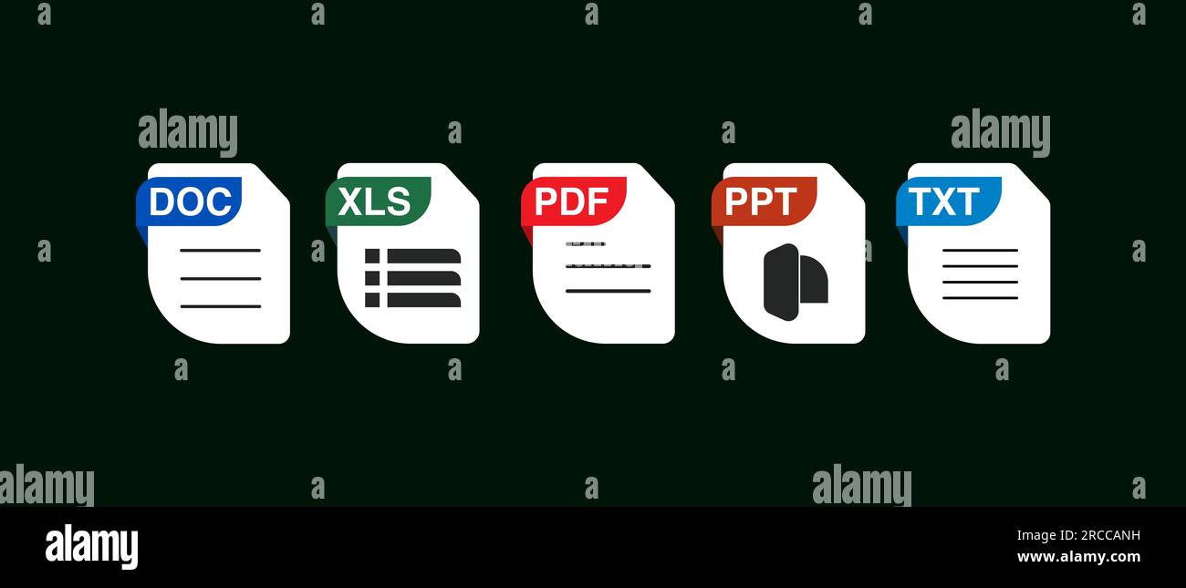 Jeu d'icônes de type de fichier. Format de fichiers populaires et document dans un design de style plat. Format et extension des documents. Ensemble de modèles graphiques Banque D'Images