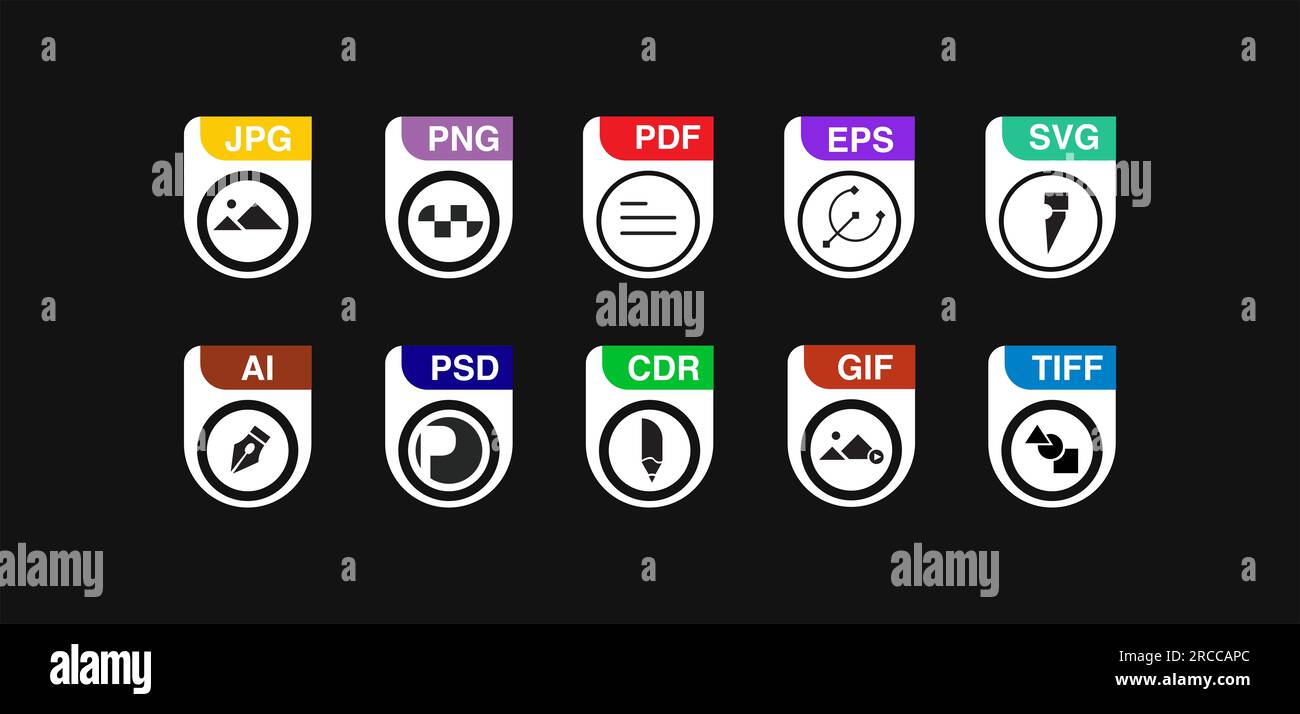 Jeu d'icônes de type de fichier. Format de fichiers populaires et document dans un design de style plat. Format et extension des documents. Ensemble de modèles graphiques Banque D'Images
