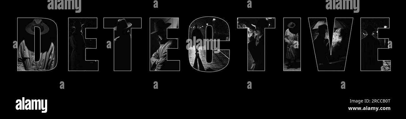 Inscription détective sur fond blanc. Collage avec un agent de police masculin dans un manteau et un chapeau dans la ville la nuit dans le style du film noir Banque D'Images