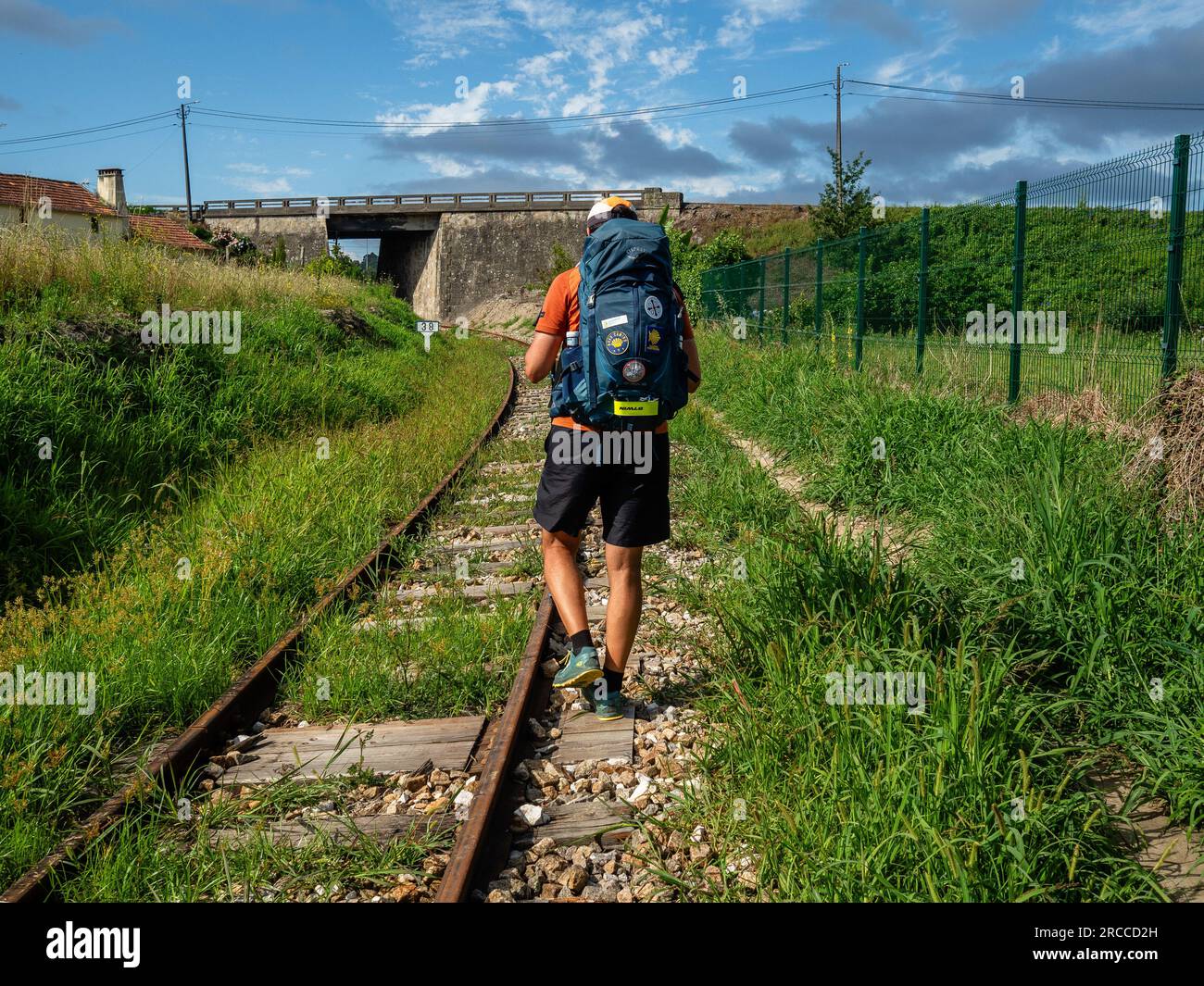 17 juin 2023, Branca, Portugal : un pèlerin est vu marchant près d'une voie ferrée. La route côtière du Camino portugais est une belle promenade alternative à la route centrale. La distance totale de la route est de 280 km. Il commence à Porto et suit la côte jusqu'à Redondela en Espagne où il fusionne avec la route centrale. Environ 30% des pèlerins qui terminent le Camino portugais marchent sur la voie côtière. Le Camino portugais devient de plus en plus populaire, et de nombreux pèlerins choisissent cet itinéraire comme alternative au Camino Frances. La route côtière du Camino portugais est une belle Banque D'Images