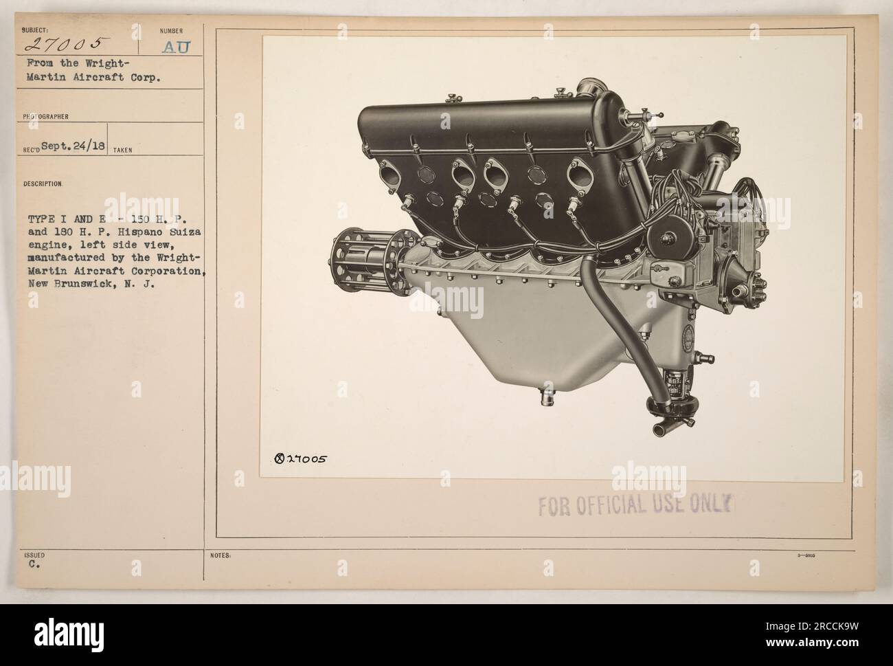 Vue de gauche du moteur Hispano Suiza, de 150 HP et 180 HP, fabriqué par Wright-Martin Aircraft Corporation au Nouveau-Brunswick, New Brunswick, New Jersey Cette photographie est datée du 24 septembre 1918, prise par un photographe officiel du Wright-Martin Aircraft Corp. Banque D'Images