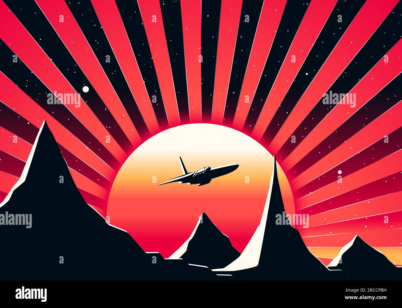 Paysage avec lancement de fusée et montagnes, scène de science-fiction sur la planète lointaine. Lever de soleil futuriste rétro dans le style de l'ère atomique des années 80. Illustration de Vecteur