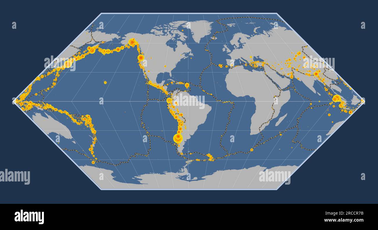 Forme de la plaque tectonique des Shetland sur la carte de contour solide dans la projection Eckert I centrée méridien. Emplacements des tremblements de terre au-dessus de Richter Illustration de Vecteur