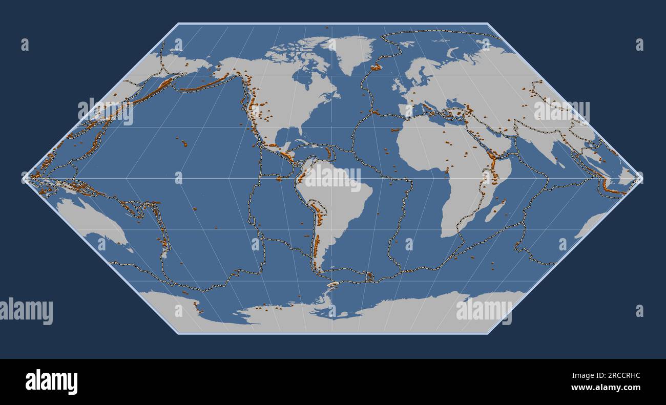 Forme de la plaque tectonique des Shetland sur la carte de contour solide dans la projection Eckert I centrée méridien. Répartition des volcans connus Illustration de Vecteur