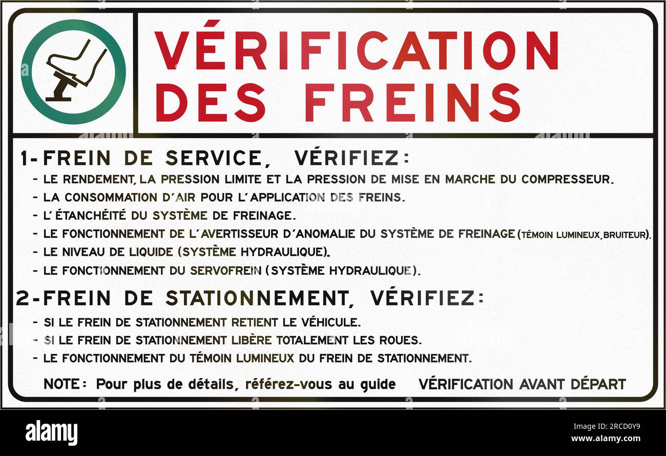Panneau d'instructions sur la vérification des freins au Québec, Canada. Vérification des freins signifie vérification des freins. Banque D'Images