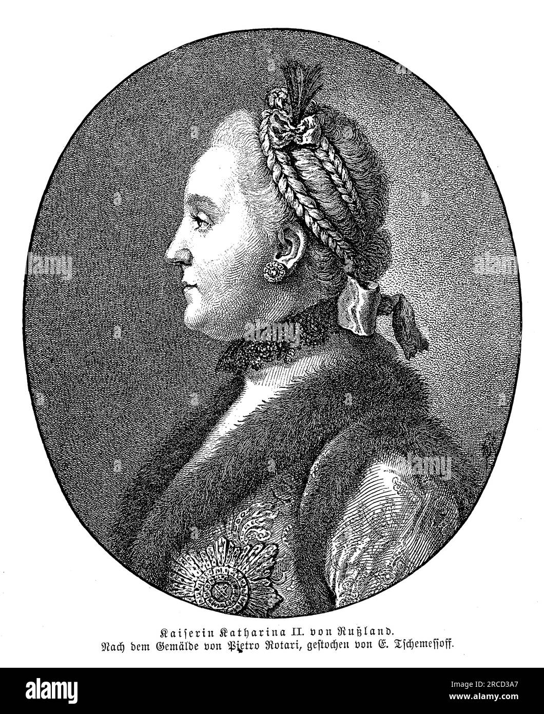 Portrait de Catherine II de Russie, communément appelé Catherine la Grande, était l'un des monarques les plus importants et les plus influents de l'histoire russe. Elle est née le 21 avril 1729 et a régné comme impératrice de Russie de 1762 jusqu'à sa mort en 1796. Catherine la Grande est connue pour ses efforts de modernisation de la Russie et ses contributions significatives aux sphères politique, culturelle et intellectuelle. Elle a élargi l'Empire russe par des conquêtes militaires et la diplomatie, acquérant des territoires tels que la Crimée et certaines parties de la Pologne. Catherine a mis en œuvre des réformes intérieures Banque D'Images
