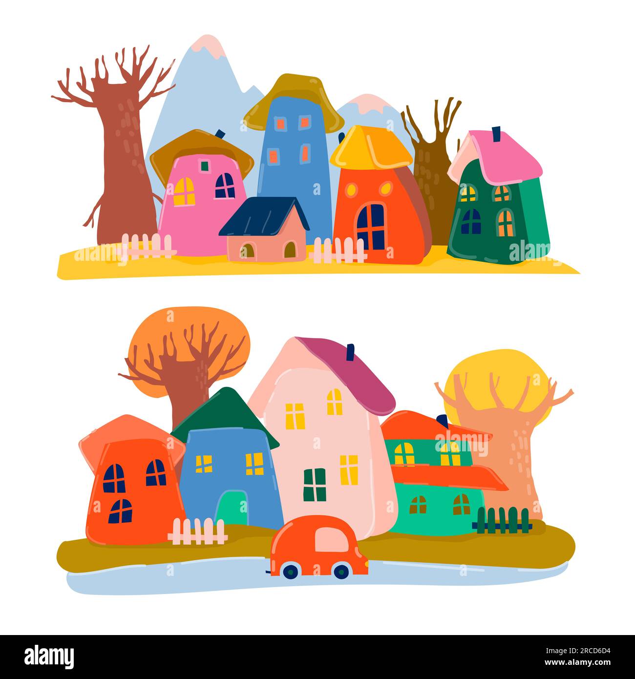 Mignon Cartoon maisons colorées avec des arbres d'automne Illustration de Vecteur