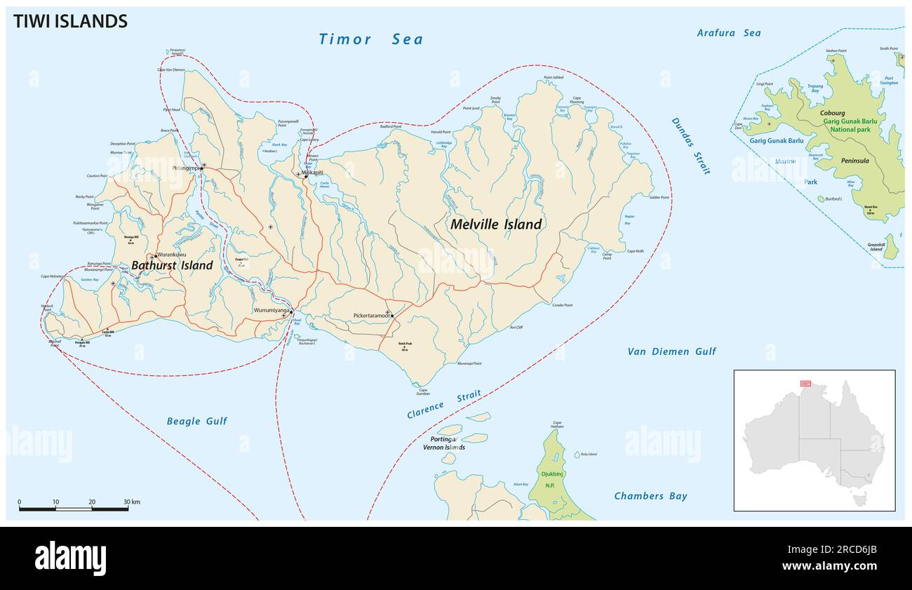 Carte routière vectorielle des îles Tiwi d'Australie du Nord Banque D'Images