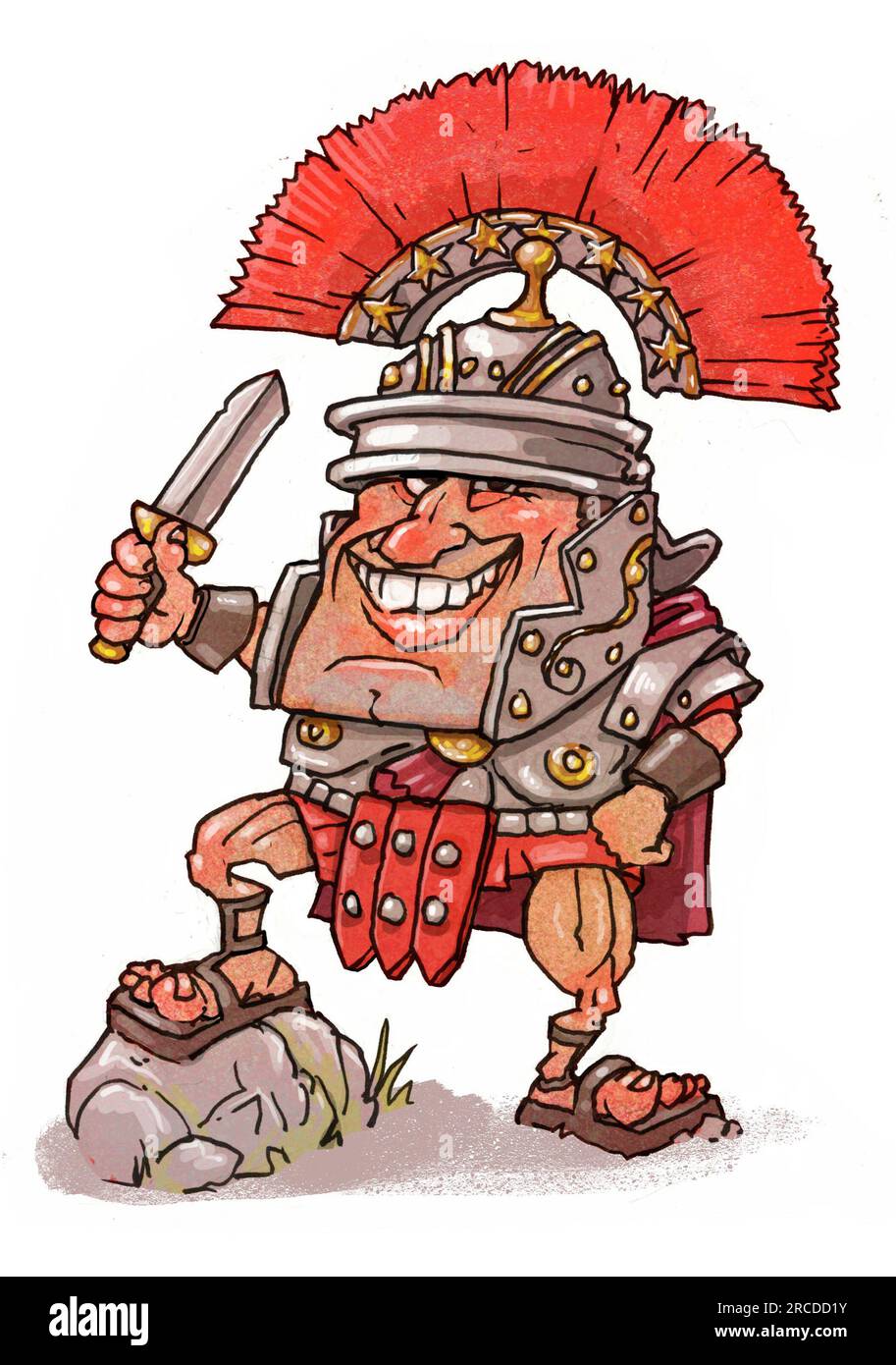 Dessin animé centurion romain avec des armes, les Centurions portaient des crêtes transversales sur leurs casques qui les distingueraient des autres légionnaires. Banque D'Images