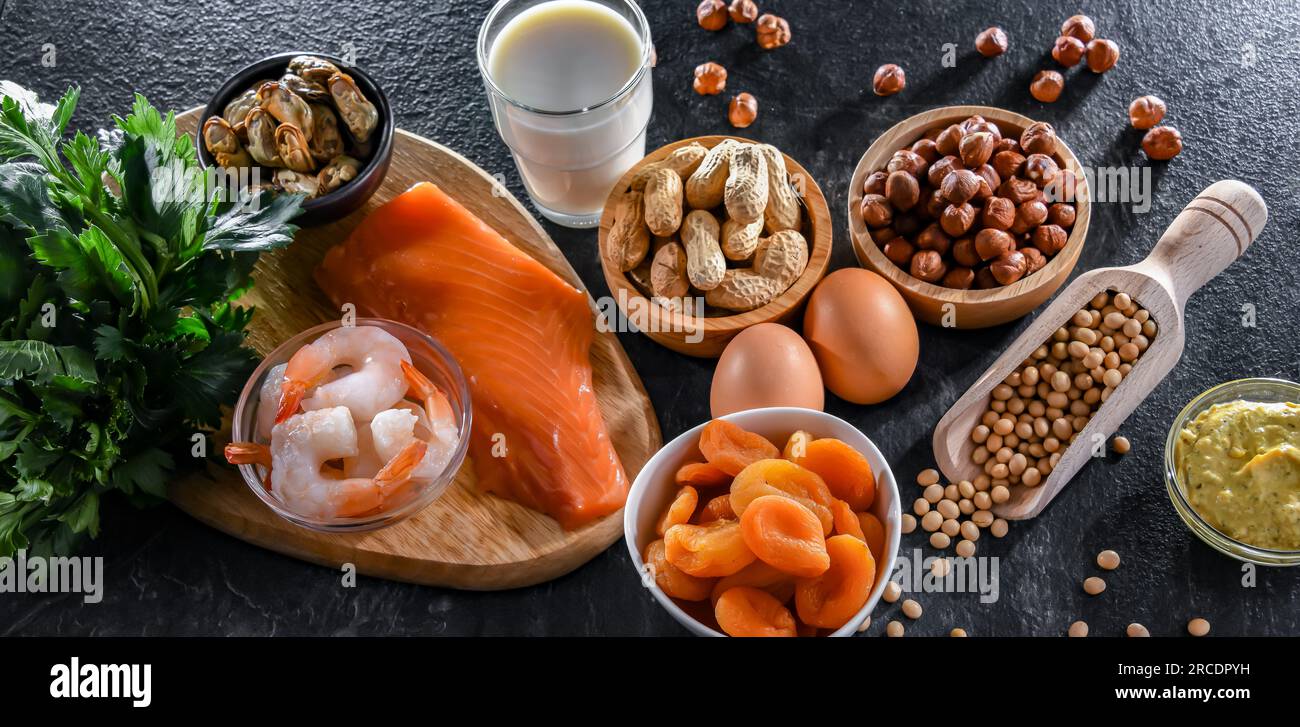 Composition avec des allergènes alimentaires communs, y compris oeuf, lait, soja, noix, poisson, fruits de mer, moutarde, abricots secs et céleri Banque D'Images