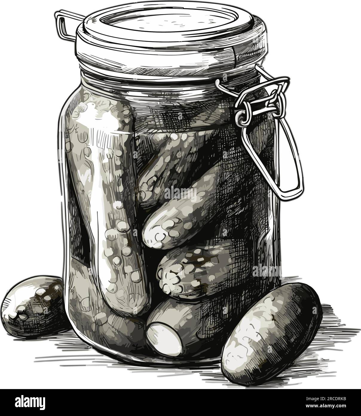 Concombres marinés à l'aneth et aux épices dans un bocal en verre, dessinés à la main. Légumes frais en conserve. Préparations maison pour l'hiver. Illustration vectorielle. Illustration de Vecteur