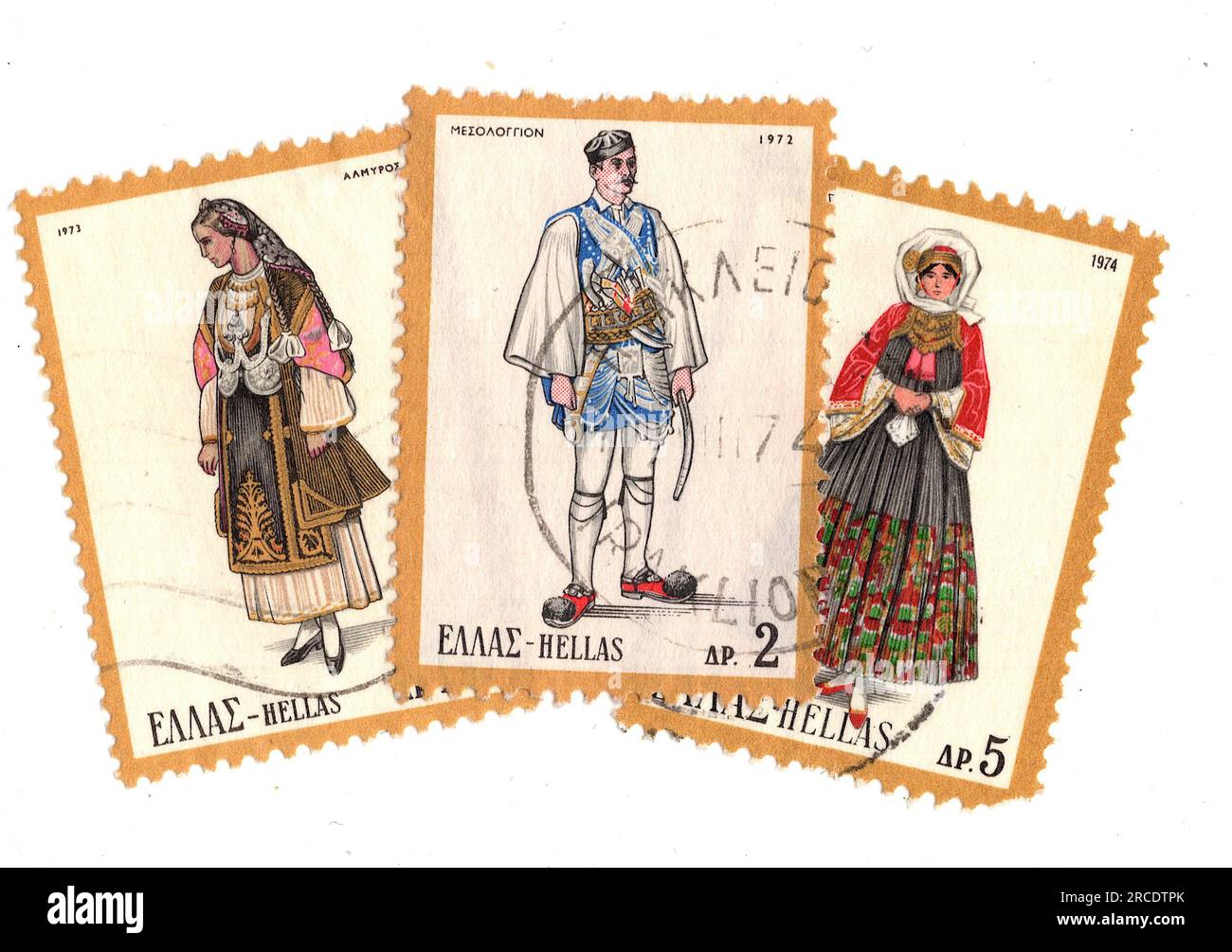 Timbres-poste vintage de Grèce sur fond blanc. Banque D'Images