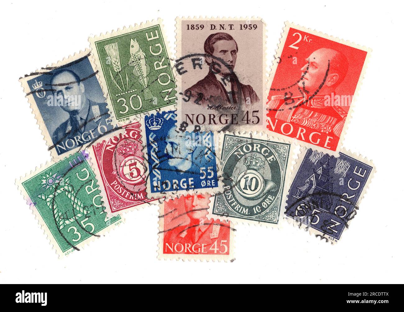 Timbres-poste vintage de Norvège sur fond blanc. Banque D'Images