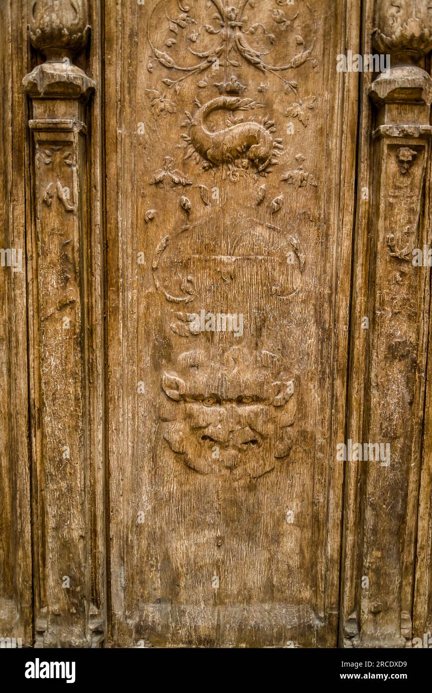 Porte en bois avec sculpture en relief, la Cité de l'architecture et du patrimoine, musée d'architecture et de monument Banque D'Images