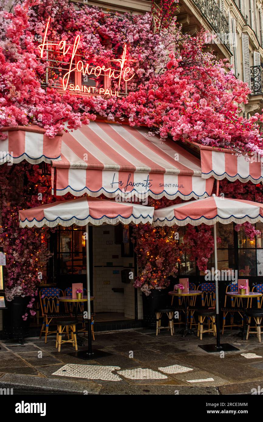 Restaurant la Favorite à Paris, recouvert de fausses fleurs roses ! Banque D'Images