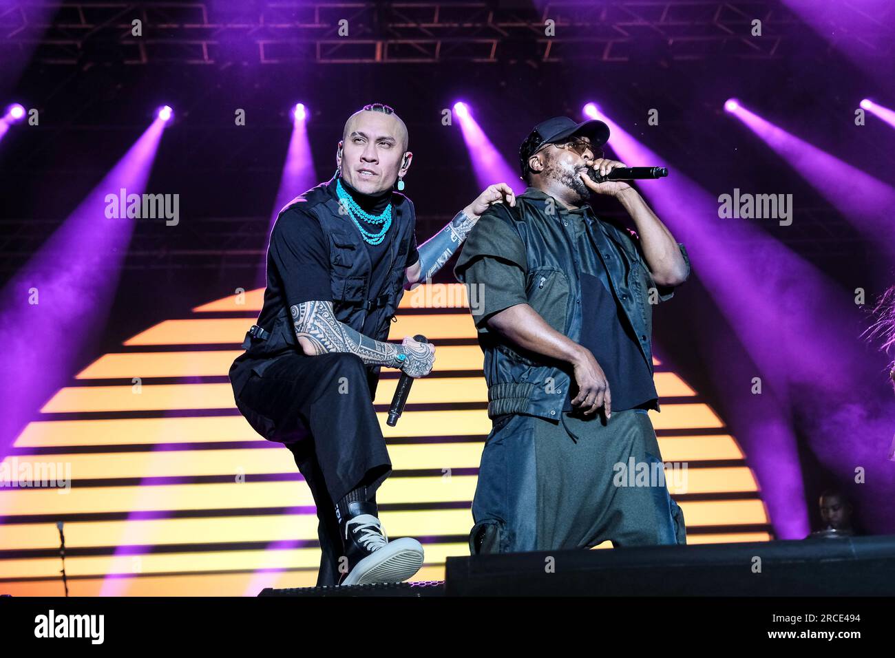 Turin, Italie. 13 juillet 2023. Le groupe de hip hop AMÉRICAIN Black Eyed Peas se produit sur scène au Stupinigi Sonic Park 2023 à Turin. (Photo de Bruno Brizzi/Pacific Press) crédit : Pacific Press Media production Corp./Alamy Live News Banque D'Images