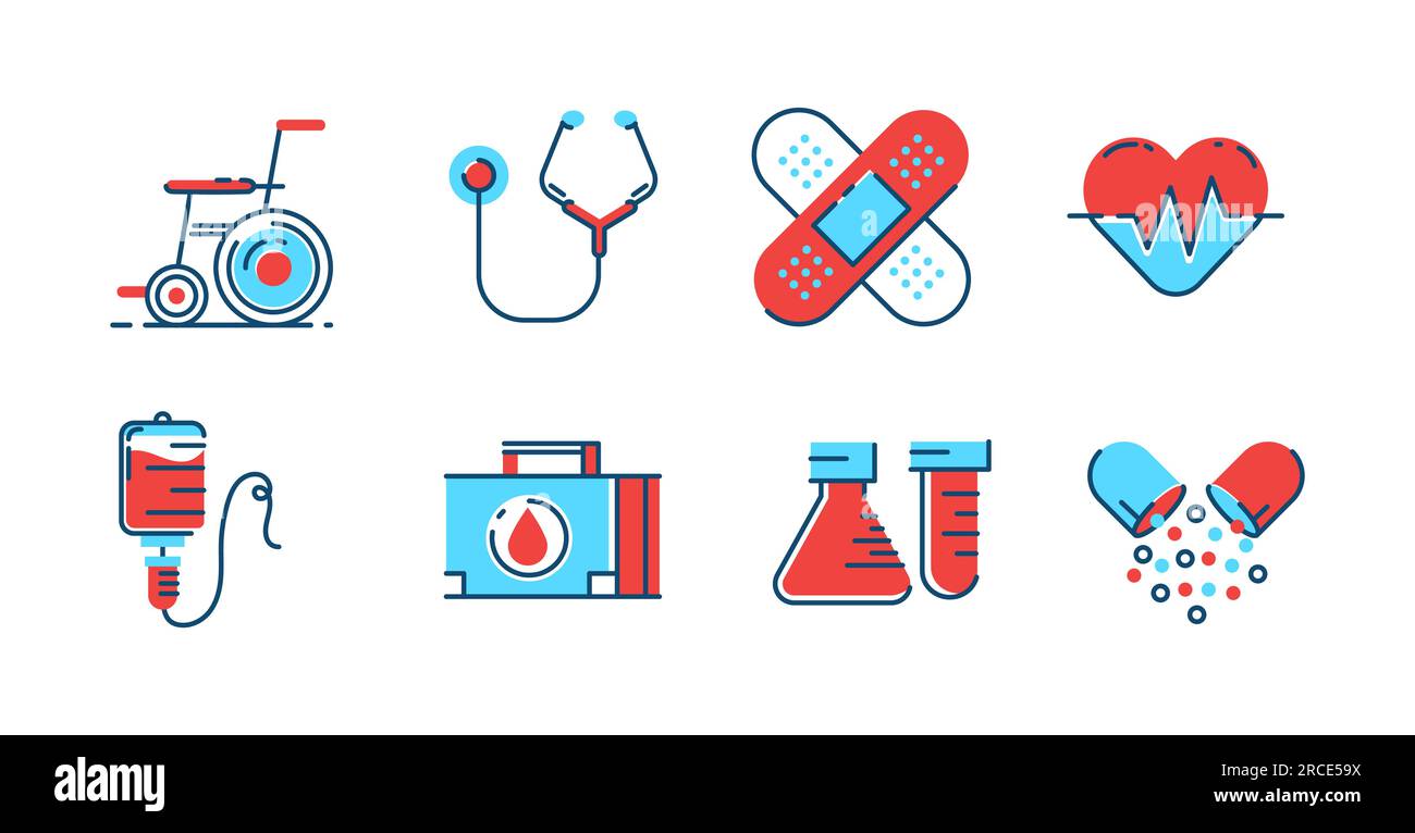 Collection de santé d'icônes de couleur avec des lignes. Fauteuil roulant, médecine, bécher, boîte médicale, infusion, donneur de sang, stéthoscope, fréquence cardiaque Illustration de Vecteur