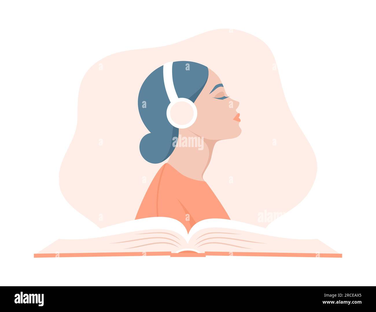 Une femme écoutant un livre audio. Portrait latéral d'une jeune femme dans un casque au-dessus d'un livre ouvert. Illustration vectorielle plate Illustration de Vecteur