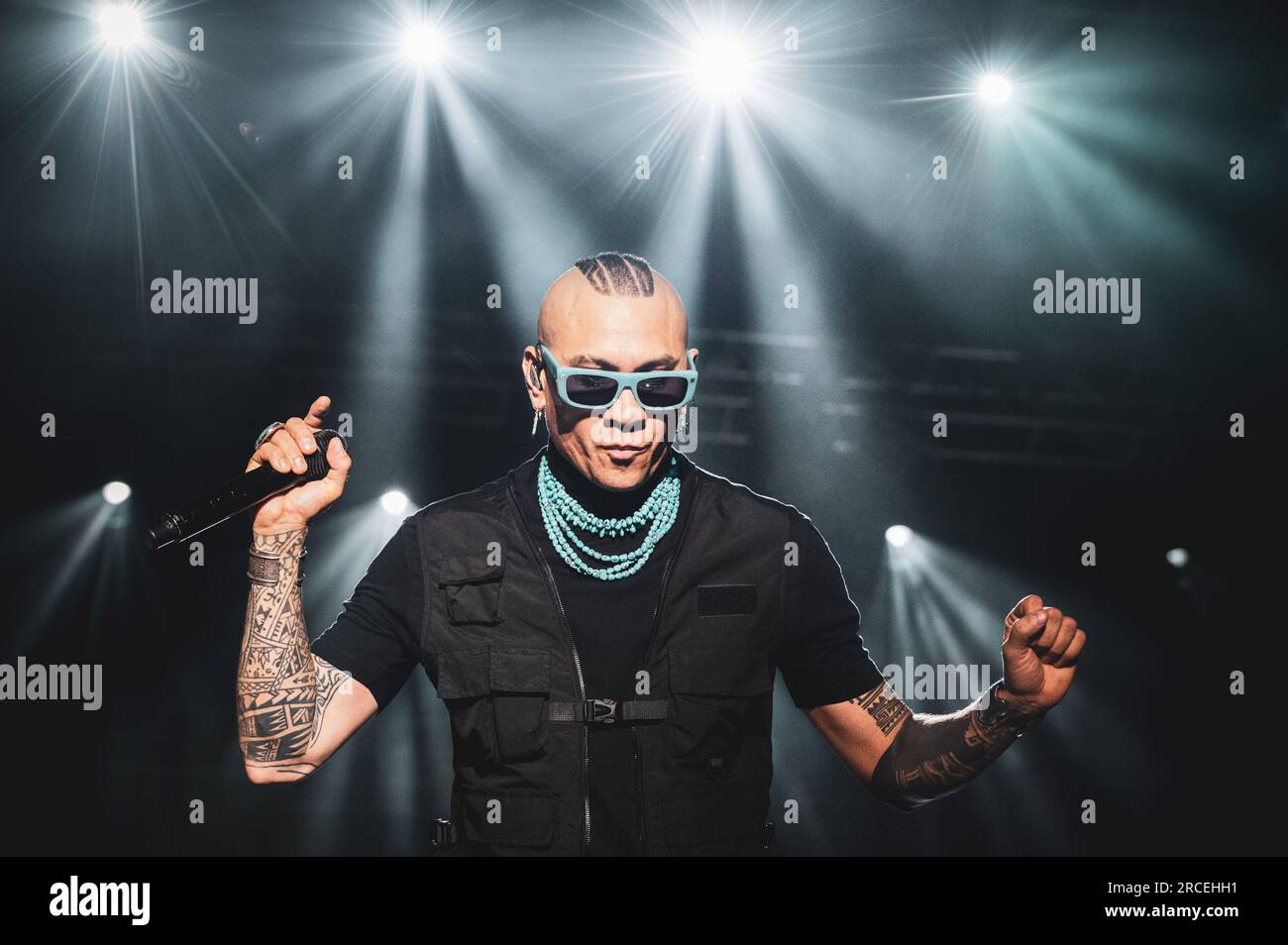 TORINO, STUPINIGI SONIC PARK FESTIVAL 2023, ITALIE : Taboo (de son vrai nom Jaime Luis Gomez) du groupe musical américain composé de rappeurs Black Eyed Peas jouant en direct au festival Stupinigi Sonic Park Banque D'Images