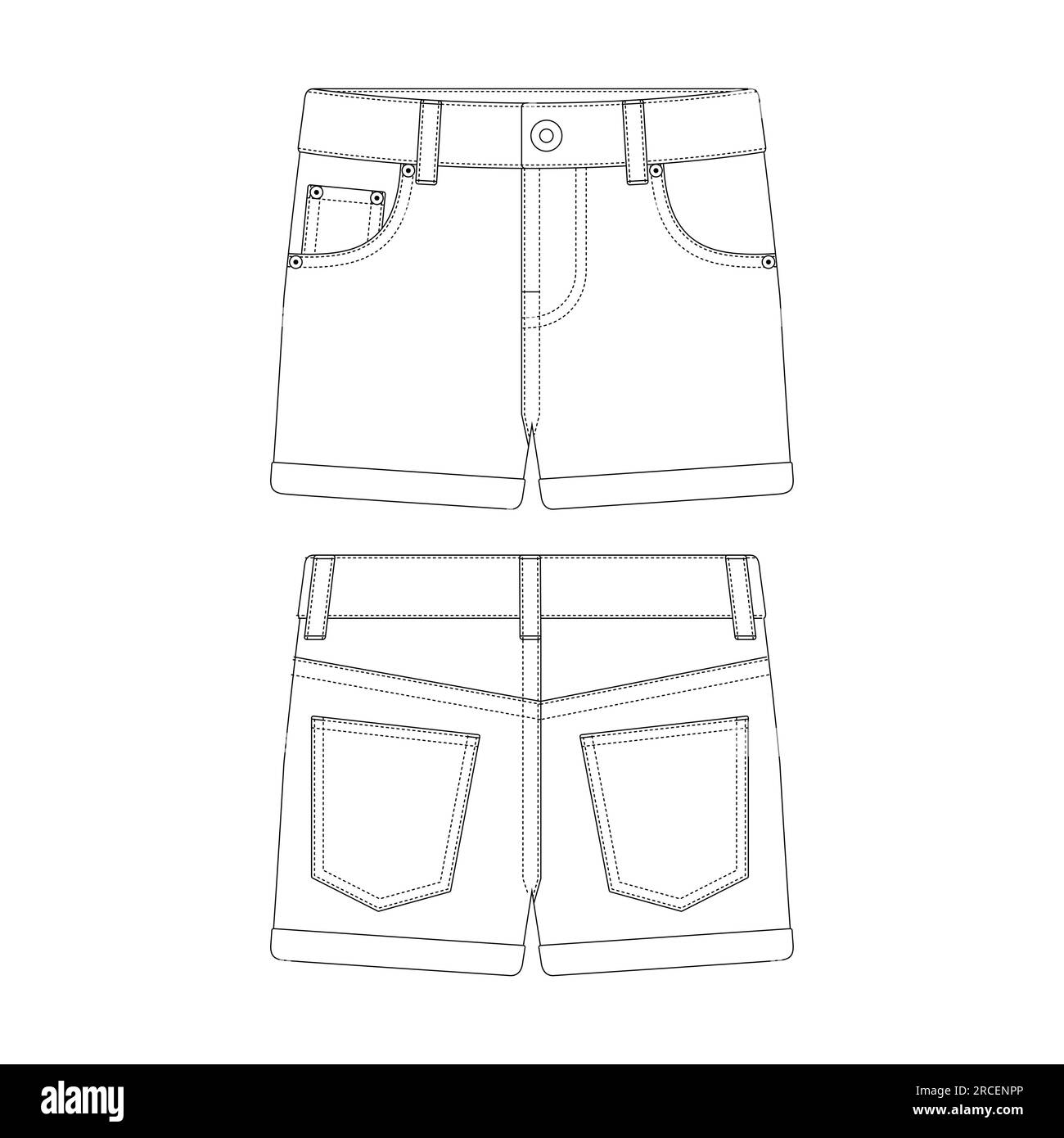 Modèle ourlet manchette denim pantalon chaud illustration vectorielle de conception plate vêtements de contour Illustration de Vecteur