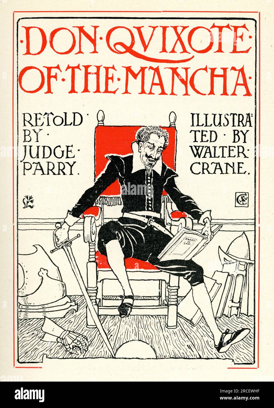 Don Quichotte de la Mancha, tenant l'épée, livre de lecture, par Walter Crane Banque D'Images