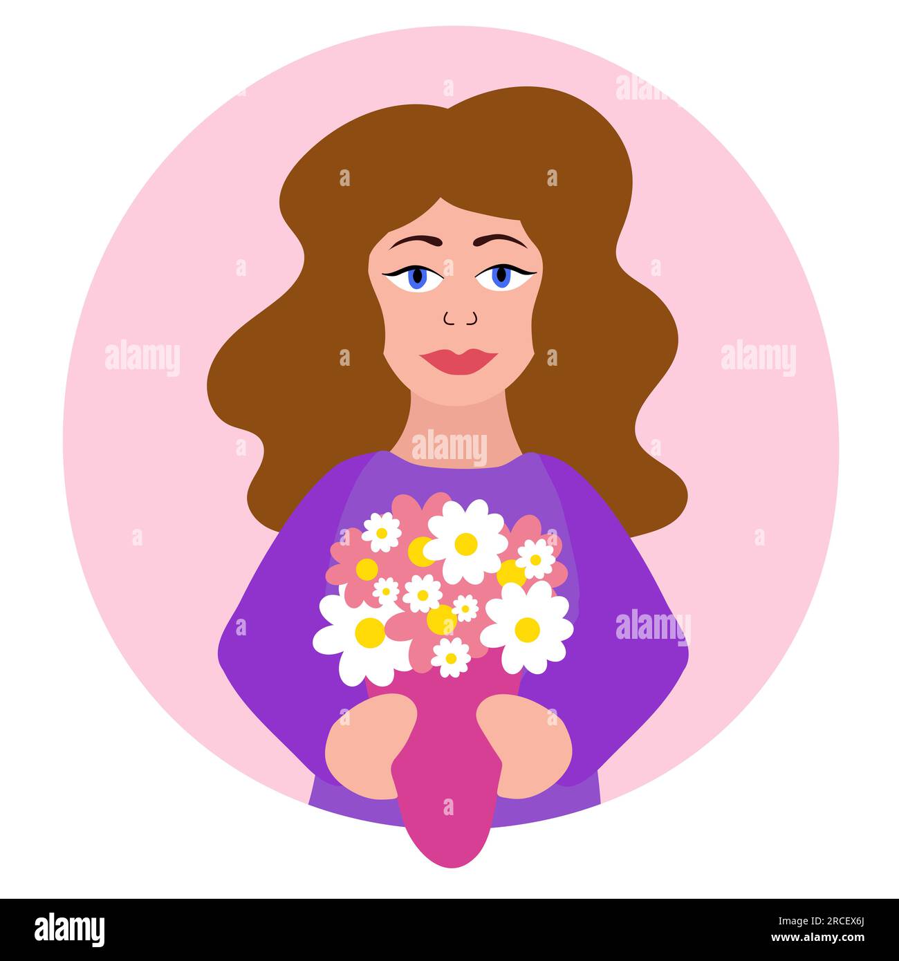 Femme tenant un bouquet de fleurs. Concept pour la fête des mères, Saint-Valentin, 8 mars fête des femmes, anniversaire. Jolie fille avec les cheveux fluides. Illustration de Vecteur