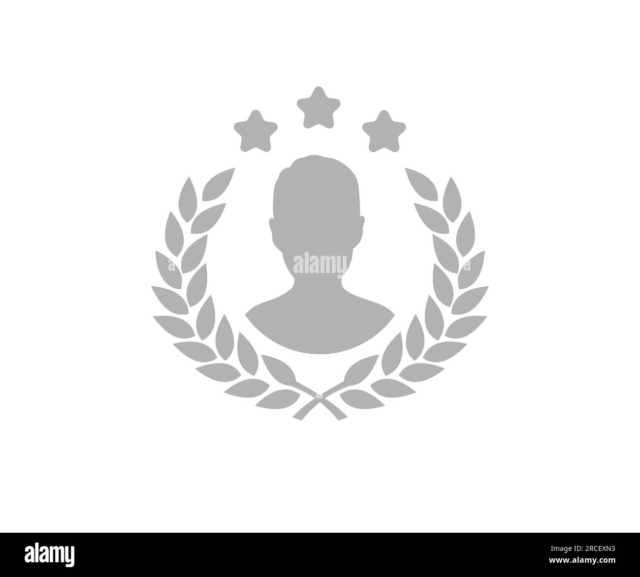 Silhouette d'argent Laurier circulaire folié avec un avatar masculin, des couronnes de blé et de chêne représentant un design de logo de récompense, de réalisation, d'héraldique. Illustration de Vecteur